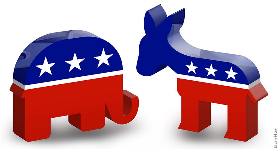 The Republican mascot, the elephant, and the Democrat mascot, the donkey. These are the two major political parties in the United States.