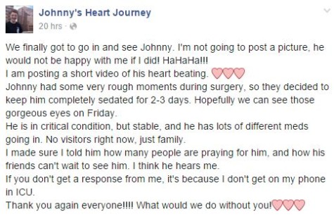 A post off of the facebook page dedicated to Johnny created by his mother. She has been updating it frequently to let all those following the journey know what's been going on.