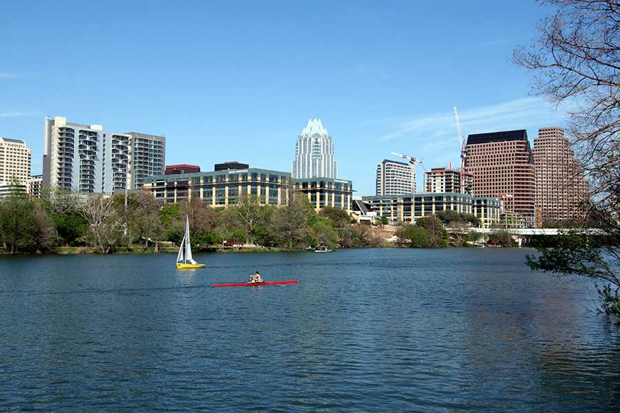 This is the view from the Lady Bird Lake trail. The trail circles the most of the lake and goes right past downtown.
