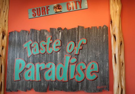 The interior of Bahama Bucks is mainly Caribbean themed which includes surf boards and signs