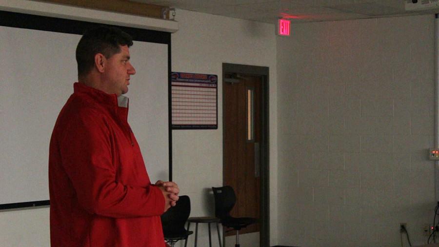 Head coach Tim Smith answering questions from parents. This was his first time doing Monday Night Football preview.
