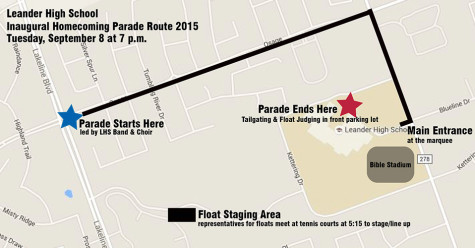 Map of the homecoming parade route. Additional information is added on about what will happen and where.