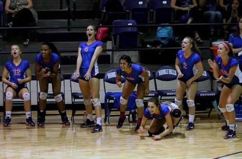 The Lady Lions celebrating a score during a set. The girls tend to get very excited watching the game on the bench.