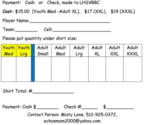 A chart depicting the cost for each shirt.