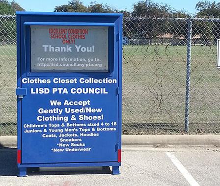 A clothes donation box outside of the building where Clothes Closet works. It is located at 324 South West Dr, Leander, TX.