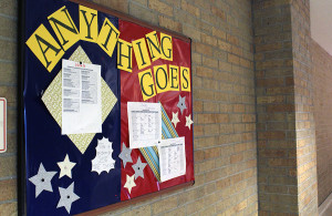 Board in front of the theatre room displaying Anything Goes. This is where updates and information is placed for the cast and crew.