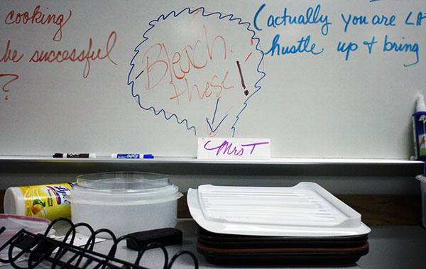 The culinary classroom was visited by mice. In order to keep their cooking schedule on check, the teacher will be bleaching items and sanitizing all supplies.