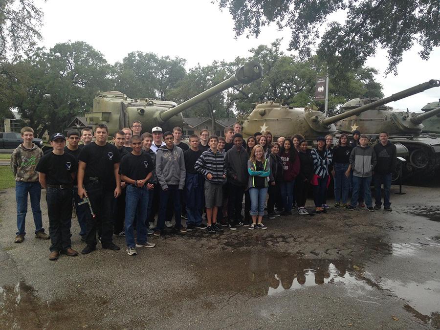 First year cadets stand in front of three tanks at Camp Mabry. Camp Mabry is a Texas Military Museum open to the public.