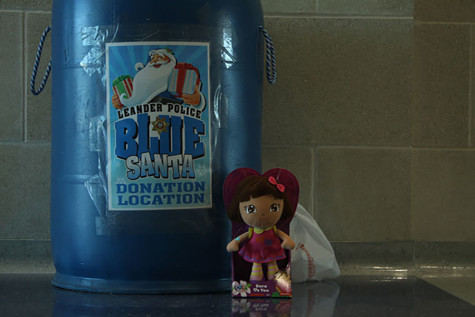 The schools Blue Santa barrel with one of the toys donated sitting next to it. The charity ends at December 18th with the hope to give kids in need toys.