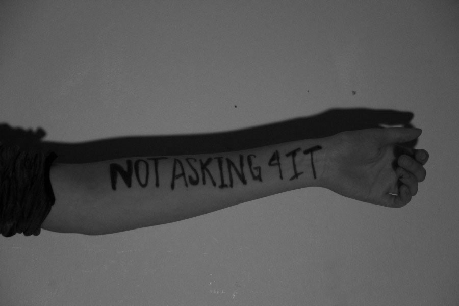 In the video there are multiple drawn out phrases portrayed on the bodies of victims, a common disoriented idea of sexual assault is that the victim was asking to be raped. While if they were asking for anything of the sorts, it wouldn’t be assault.
