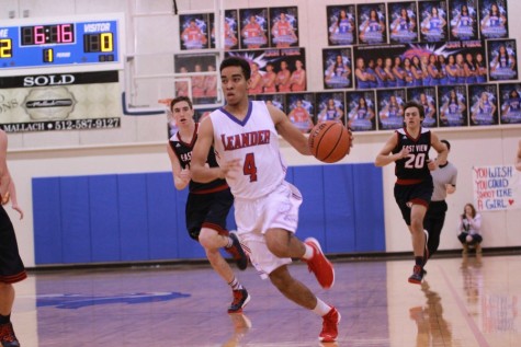 Senior David Bonner dribbling down the court against East View last night. Bonner scored eight points total in the game.