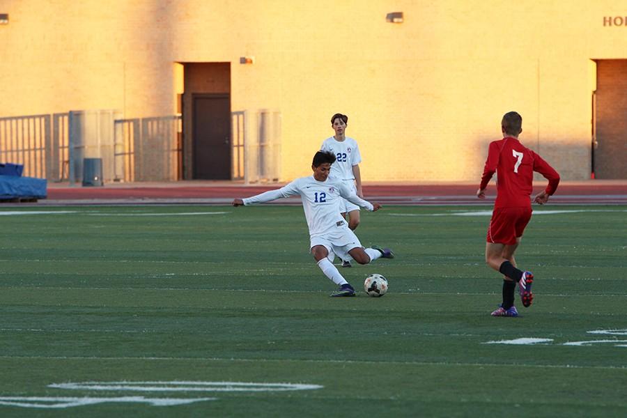 Sophomore Luis Montes kicking the ball down the field. The team beat Marble Falls 4-1 last Friday night.