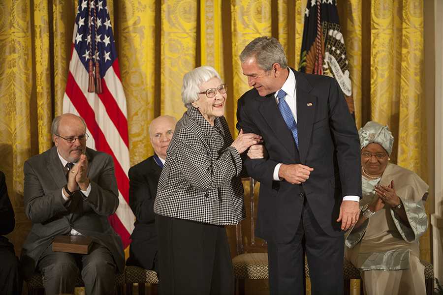 President George W. Bush shares a moment with author Harper Lee Monday, Nov. 5, 2007, prior to presenting her with the Presidential Medal of Freedom during ceremonies in the East Room of the White House. Photo by Eric Draper, Courtesy of the George W. Bush Presidential Library and Museum