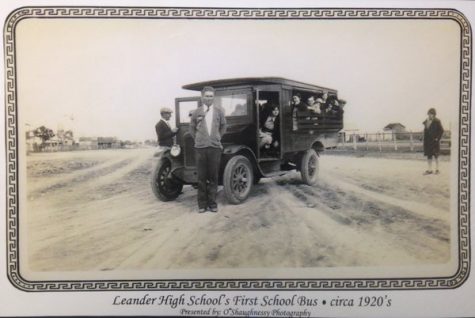 The first school bus for Leander ISD.  This photo was taken in 1920.