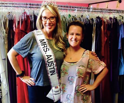 Emcee of Miss Texas United States, Priscilla Fletcher, with the owner of Austin Fairy Godmother.
