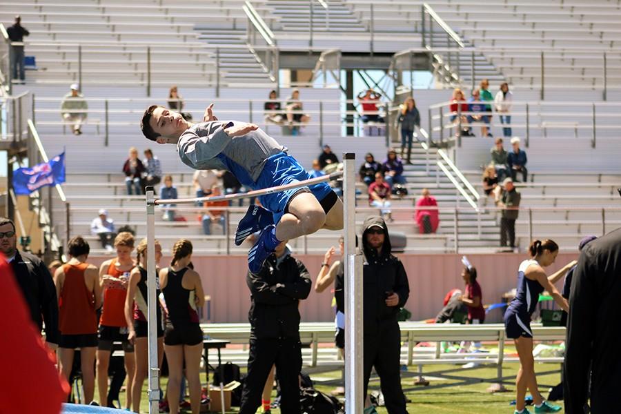 Sophomore Michael Jorgenson competes in the high jump. The team won 3rd during this particular meet.