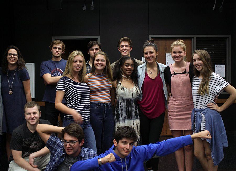 The cast of Big Love poses in the theatre room following the first rehersal. The cast will rehearse nearly every week until the show is performed on Mondays, Tuesdays, and Thursdays. 