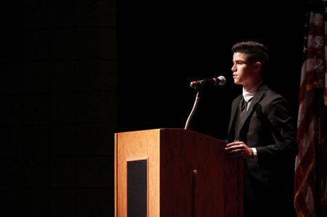 Senior Jared Bouloy speaks at the Veterans Day ceremony.  Bouloy has applied to several military academies and hopes to serve his country one day. 