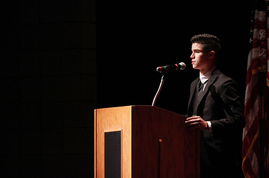 Senior+Jared+Bouloy+speaks+at+the+Veterans+Day+ceremony.++Bouloy+has+applied+to+several+military+academies+and+hopes+to+serve+his+country+one+day.+
