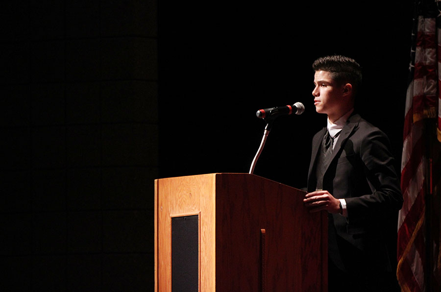 Senior Jared Bouloy speaks at the Veterans Day ceremony. Bouloy has applied to several military academies and hopes to serve his country one day.