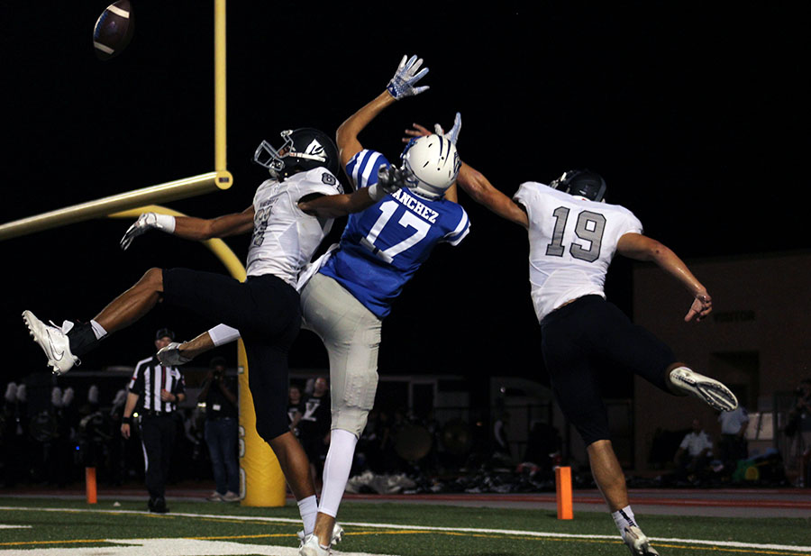 Junior Ismael Sanchez attempts to catch a pass in the endzone. Senior Alex Hensley was the only player to score for the Lions on a touchdown.