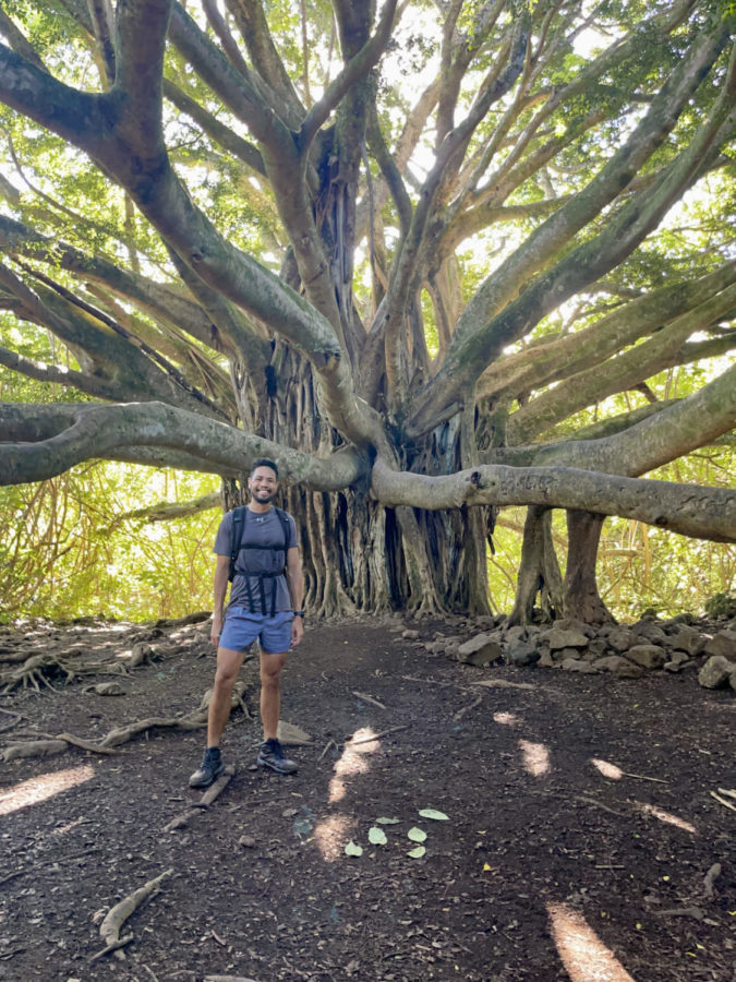 Rob Saldaña at the foot of the Halekala Volcano of the Pipiwai Trail in Maui, Hawaii