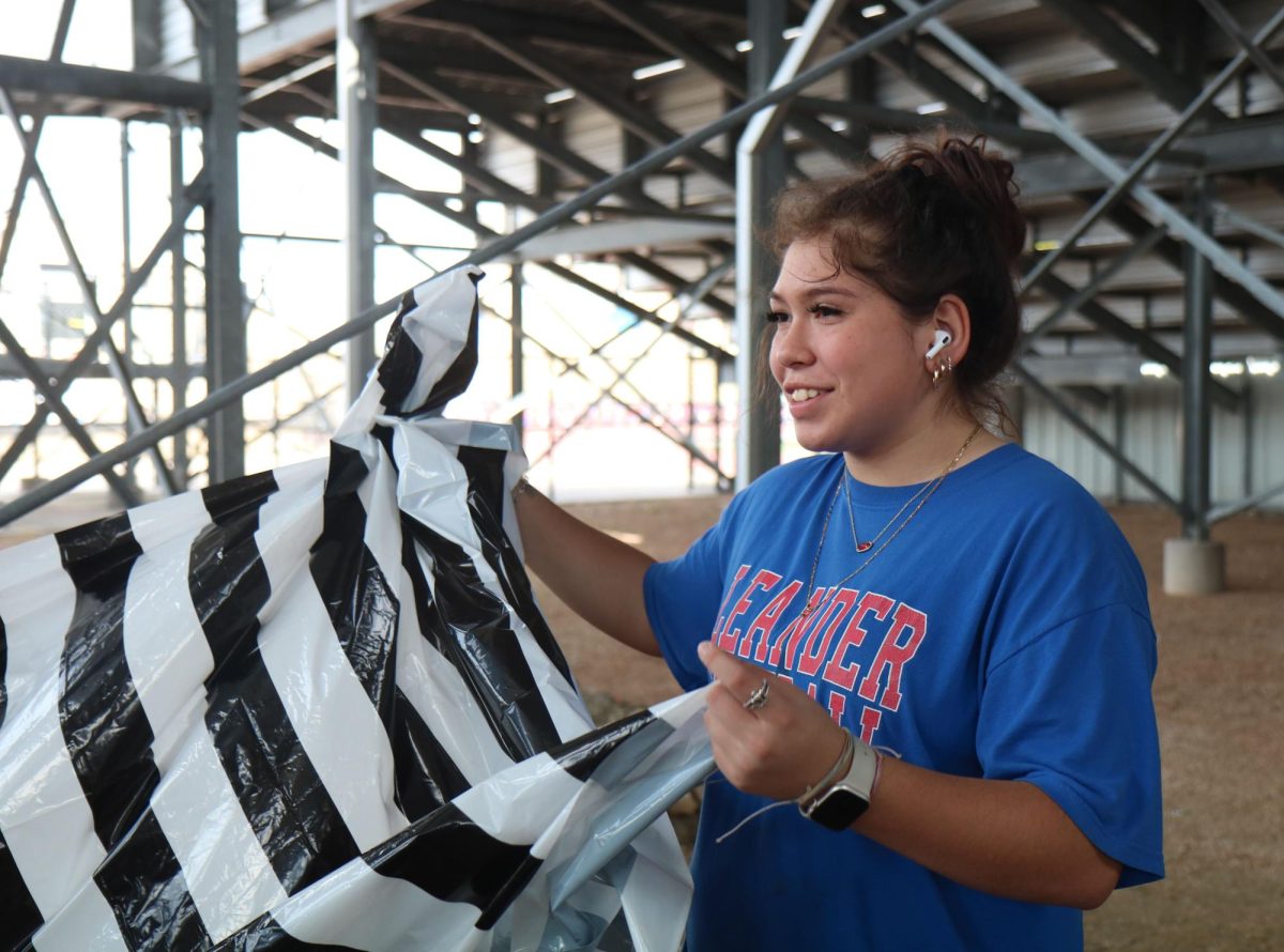 Freshman Carissa Arellano unfolds a striped tablecloth, hoping to use it as decoration in the annual Haunted Hallway, constructed by the LHS cheerleaders. "[My favorite part] is the characters and the amount of thought that has gone into our costumes," said Arellano. 