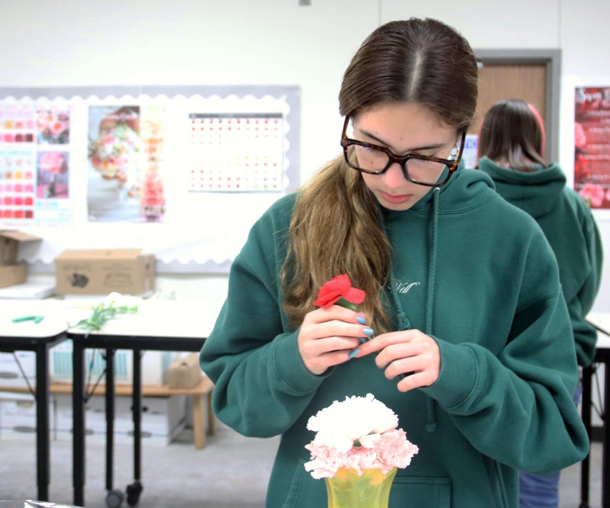 Space is sought between the criss-crossing of carnation stems by sophomore Jacqueline King to create a cohesive design. Carnations were chosen for their ice cream-like shape and long vase life, so they may brighten students' homes for longer. "I like designing the bouquets and taking them home for my family,” King said. “Sometimes I give [away my arrangements], and sometimes I put them in my room to improve my room decor.”