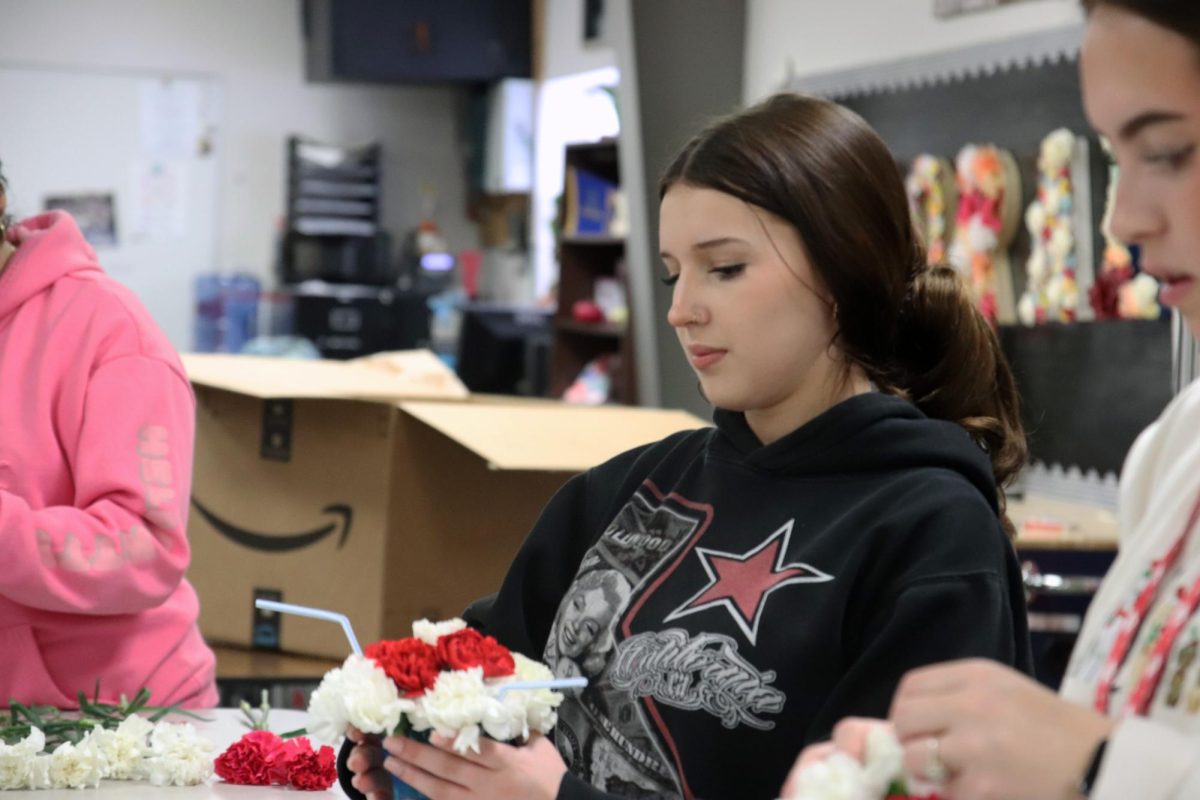 During her Floral Design class, junior Lyric Oliver finalizes her arrangement. Each student was given the choice between carnations in shades of red, white, and pink to create their designs. “I [enjoyed] making a milkshake-like floral arrangement for… Valentine’s Day,” Oliver said. “I liked that I could pick the colors of the carnations that I liked– we had a lot of free range in how to design [arrangements].” 
