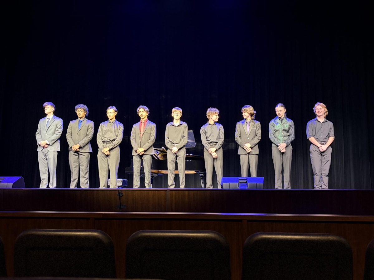 All nine YAC finalists stand on PAC stage, awaiting competition results. 
