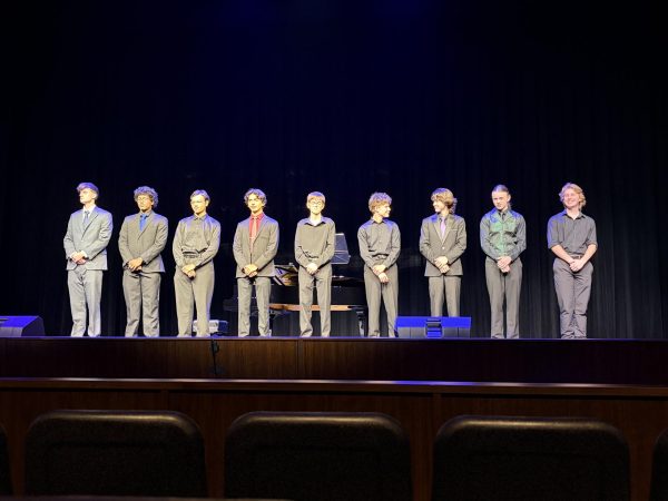All nine YAC finalists stand on PAC stage, awaiting competition results.
