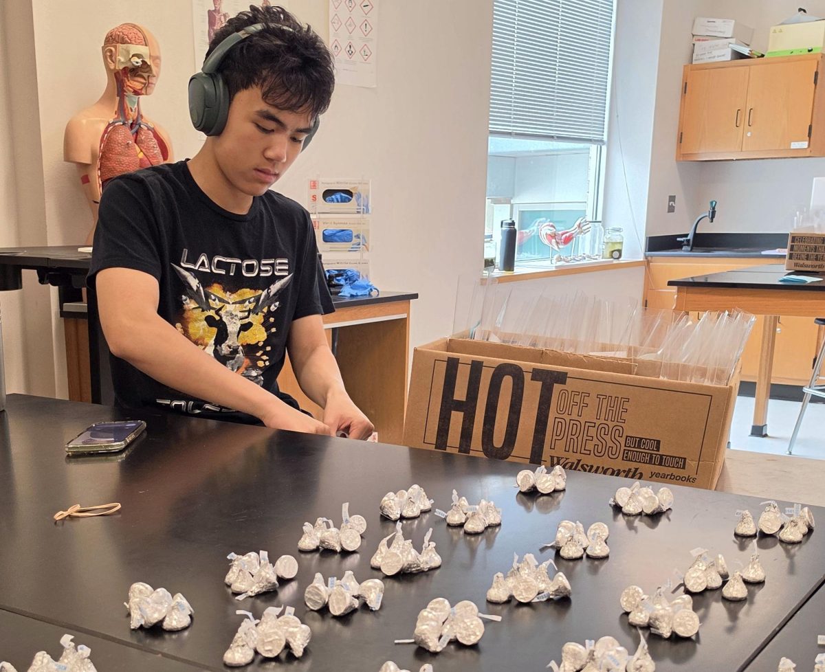 Freshman Maddox Nguyen packs Hershey's Kiss' in preparation for "Kiss" a Senior Goodbye, taken May 27.